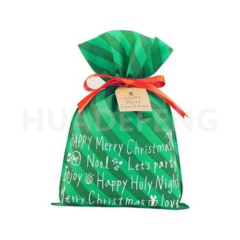 Green Non Woven Christmas Drawstring Ribbon Tie Gift Bags Stripe Pattern