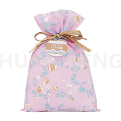 Pink Non Woven Custom Plastic Bag For Packaging Easter Drawstring Gift