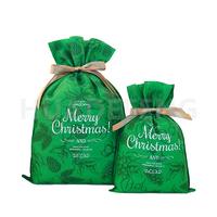 Green Non Woven Drawstring Gift Packing Christmas Sack With Plant Pattern