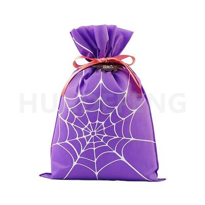 Custom Purple Halloween Gift Drawstring Packing Pouch With Spider Web Pattern