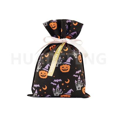 Black Non Woven Halloween Drawstring Gift Wrapping Bag With Pumpkin Pattern