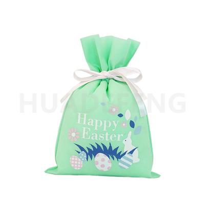 Green Easter Drawstring Non Woven Fabric Bag With White Ribbon