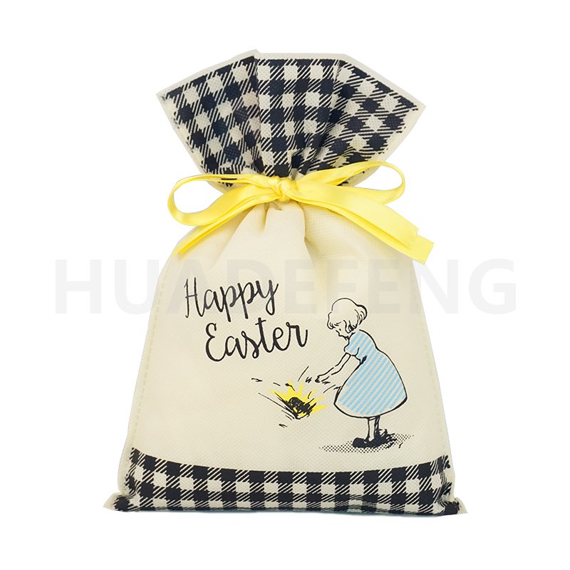 Beige Non Woven Drawstring Pouch Use For Easter Day Gift Packing