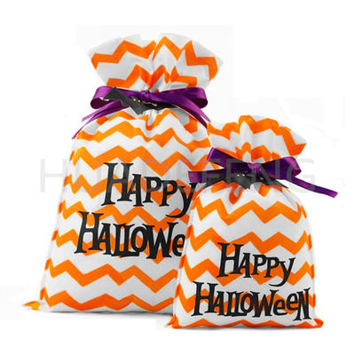Orange Non Woven Halloween Drawstring Pouch Bag With “Happy Halloween” Text