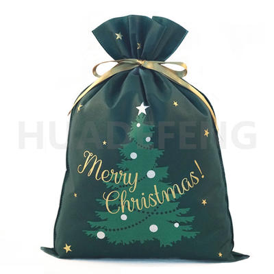 Green Non Woven Christmas Drawstring Gift Packing Bag Christmas Tree pattern