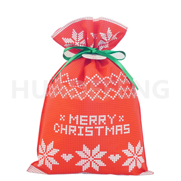 Red Color Green Rope Mesh Pattern White Merry Christmas Font Non Woven Bags For Packing Gift