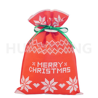 Red Color Green Rope Mesh Pattern White Merry Christmas Font Non Woven Bags For Packing Gift
