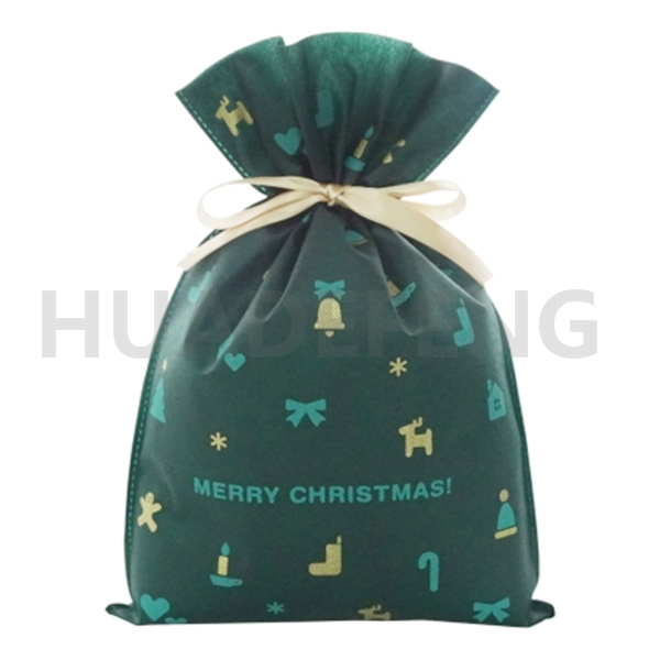 Wholesale Christmas Party Gift Packaging Drawstring Custom Green X-Mas Non Woven Bag