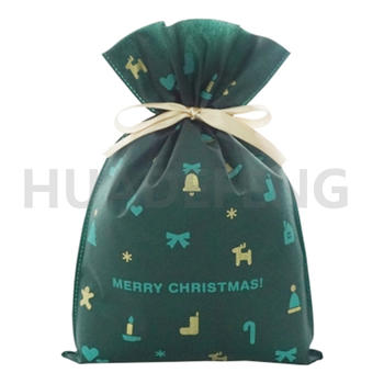 Wholesale Christmas Party Gift Packaging Drawstring Custom Green X-Mas Non Woven Bag